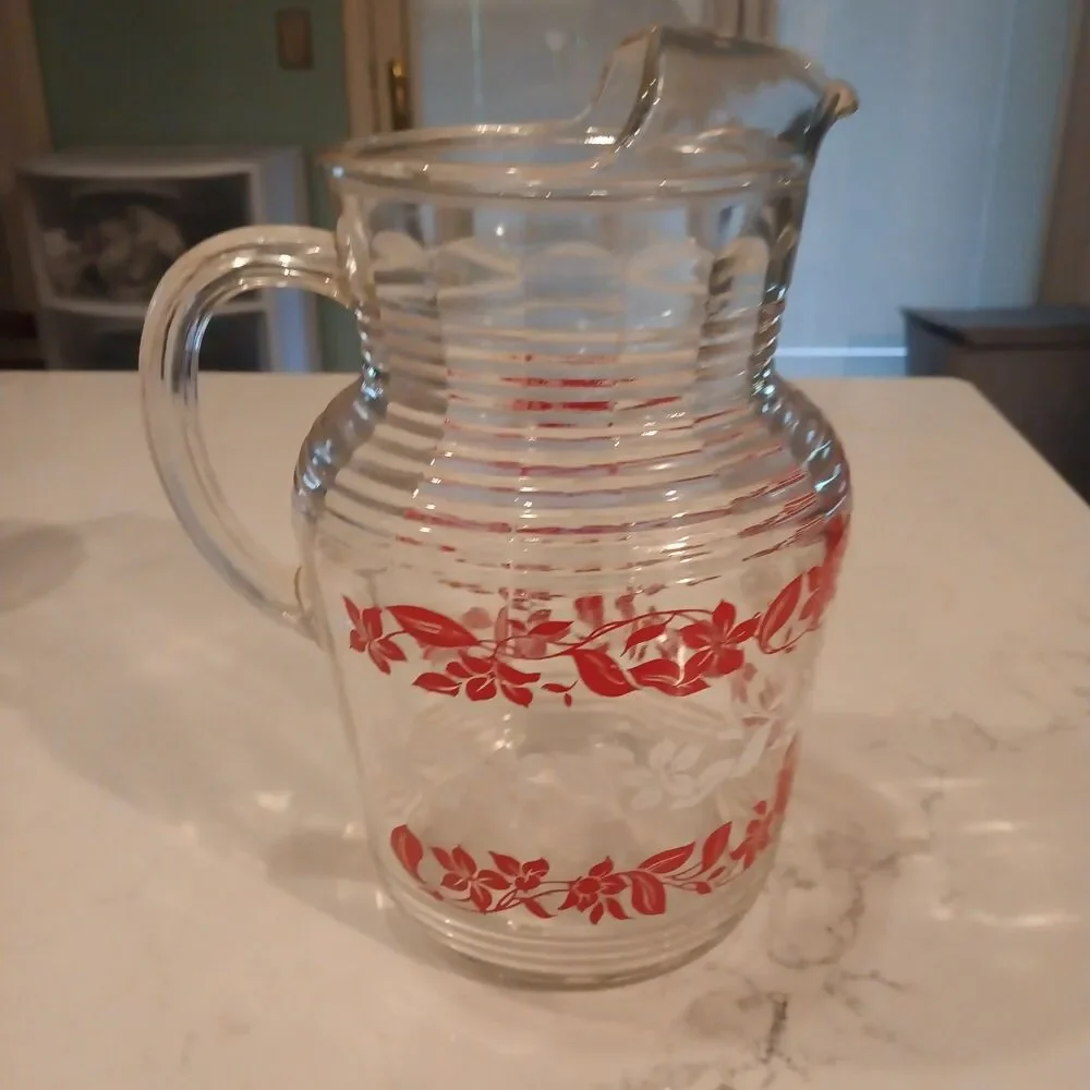 1950s MCM Hazel Atlas Clematis Floral Ribbed Ice Lip Glass Pitcher - Rare!